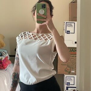 Express White Lattice Neck Blouse